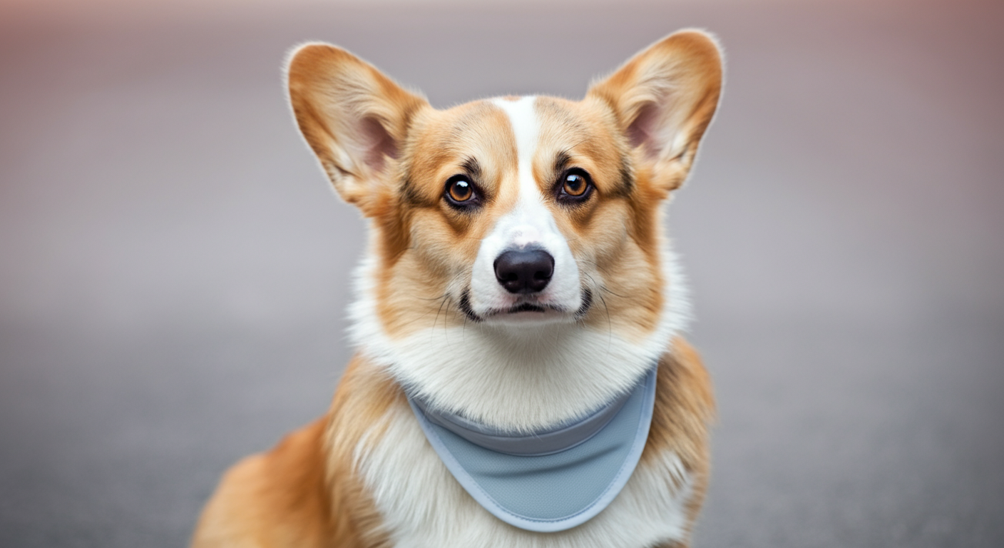 少し首を傾げ、不思議そうな顔でこちらを見ているコーギー。クールネックが少しだけずれている。