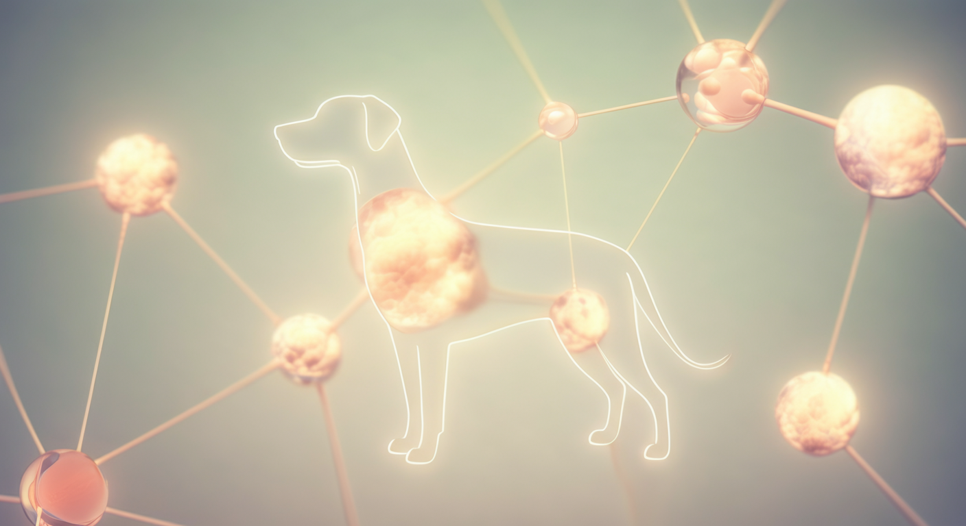 犬のシルエットが組み込まれた、光る球体がネットワークのように繋がっている抽象的なイメージ写真。