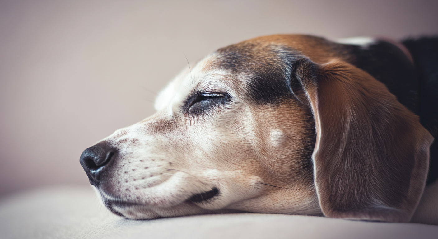 穏やかな表情で眠っているシニア犬の横顔のクローズアップ。