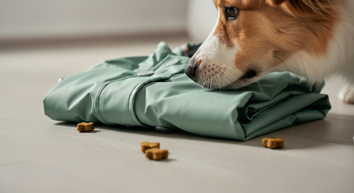 パステルグリーンのレインコートと数個のご褒美おやつを、犬が鼻先で調べているクローズアップ写真。