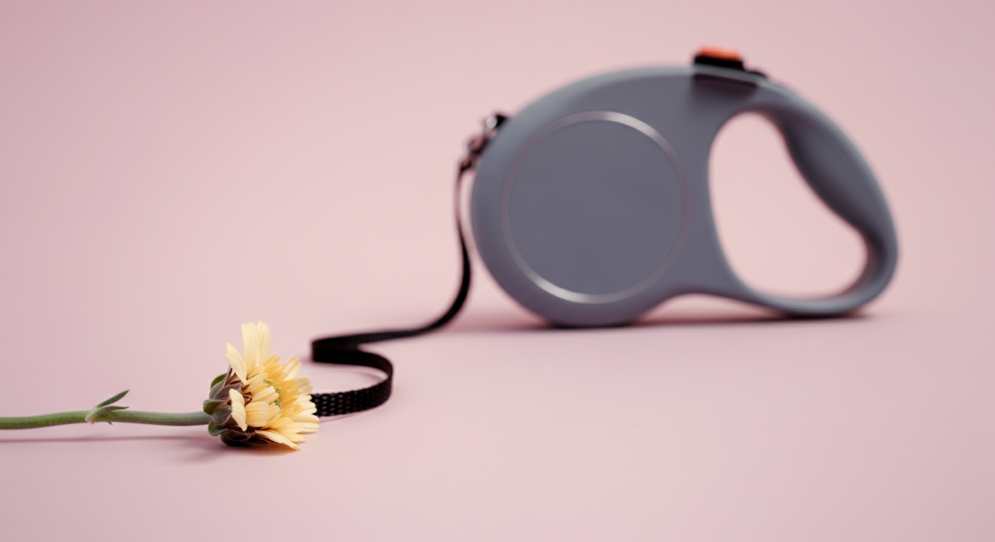 伸縮リードの細いコードが、一本の可憐な花の茎に絡みついている象徴的な写真。