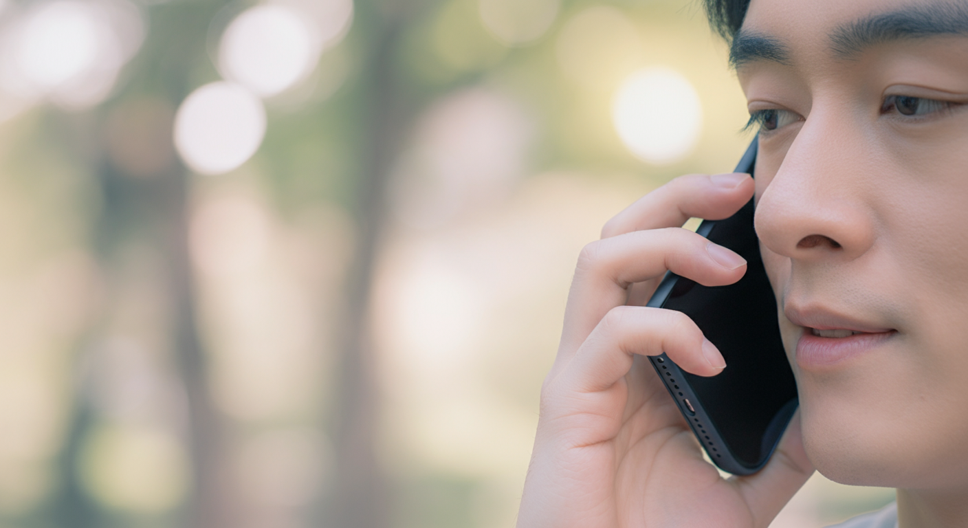 パステルカラーの公園を背景に、スマートフォンで電話をかけ、安堵の表情を浮かべている人の手元と横顔のクローズアップ。