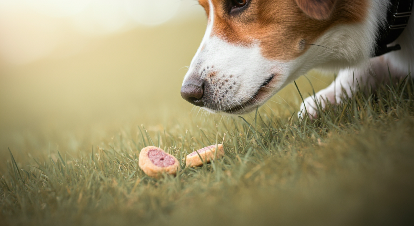 芝生の坂に隠されたおやつを、犬が鼻を使って熱心に探している様子のクローズアップ。