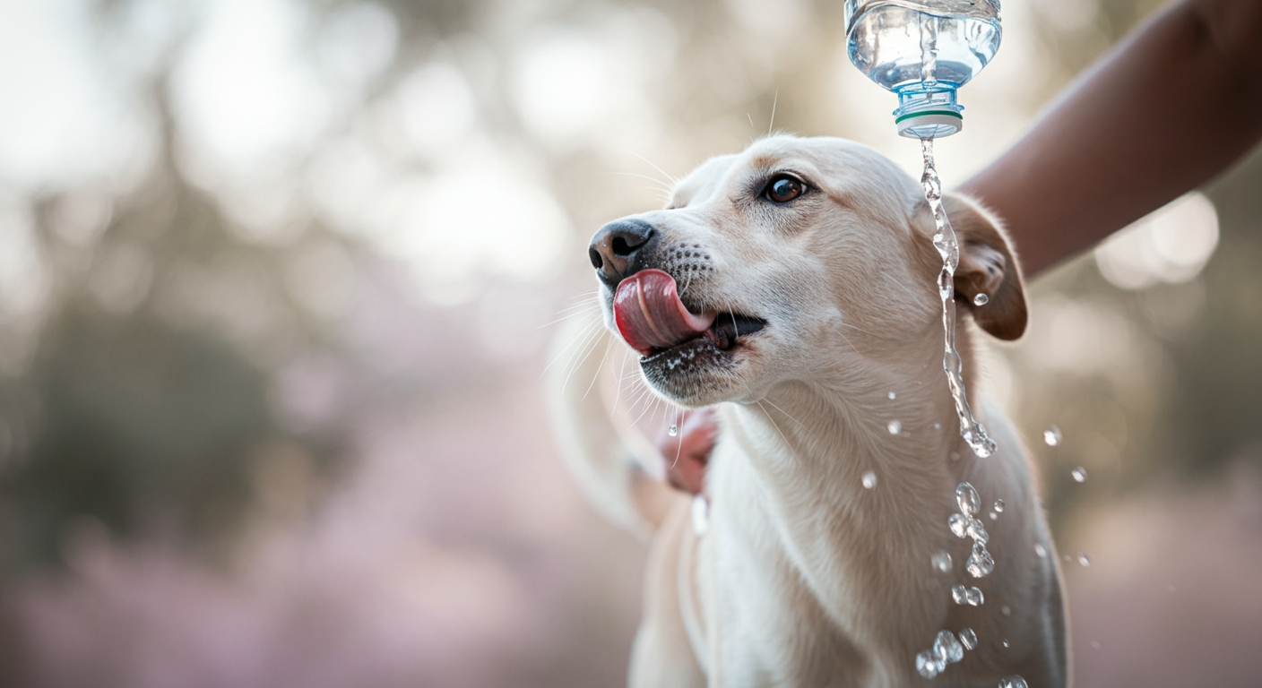 給水ボトルから水を飲む犬の背中を、飼い主が優しく撫でている。