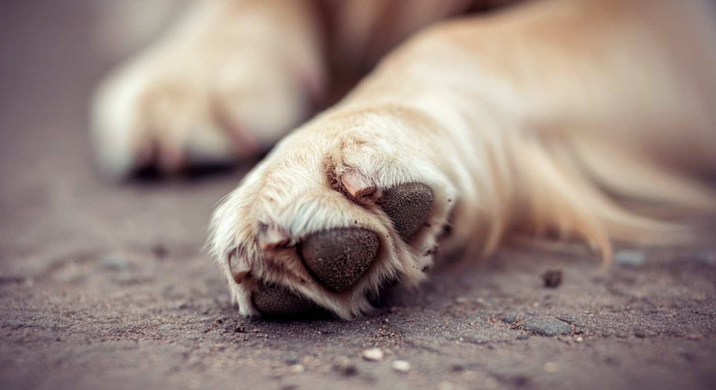 ドッグランで遊んだ後の、少し土がついた犬の足の裏のクローズアップ写真