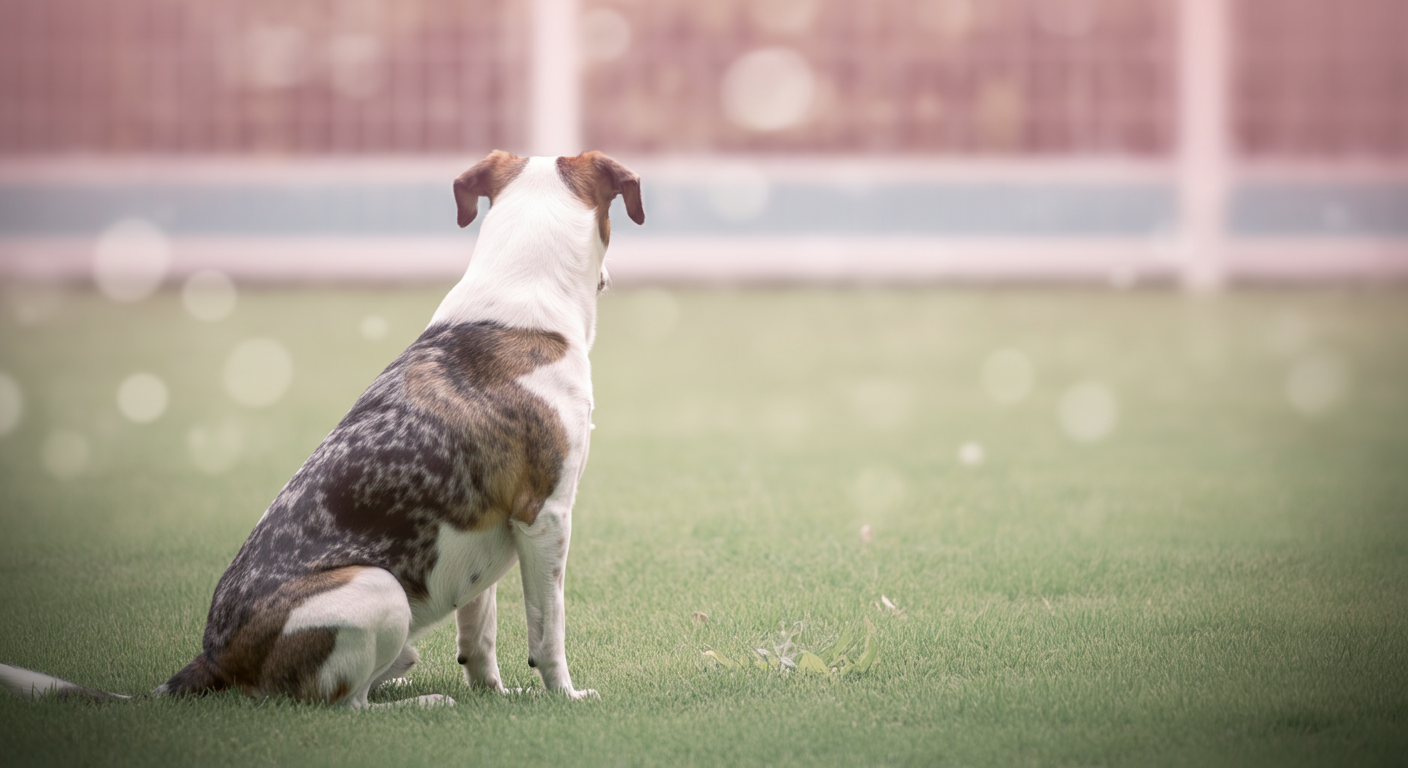 遠くにあるドッグランのフェンスを、芝生の上から静かに眺めている犬の後ろ姿。