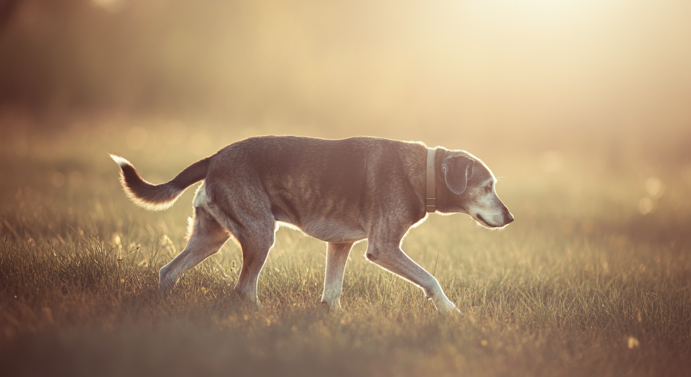 夕暮れの光の中を、穏やかに歩くシニア犬の後ろ姿を捉えた写真。