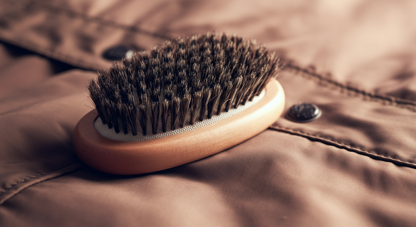 犬用のブラシの毛と、撥水性のある生地の質感を並べて対比させたマクロ撮影写真。