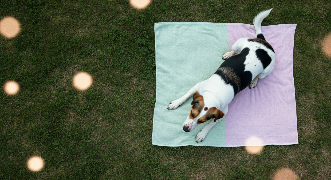 ドッグランの隅の芝生に敷かれたタオルの上で伏せをしてリラックスしている犬