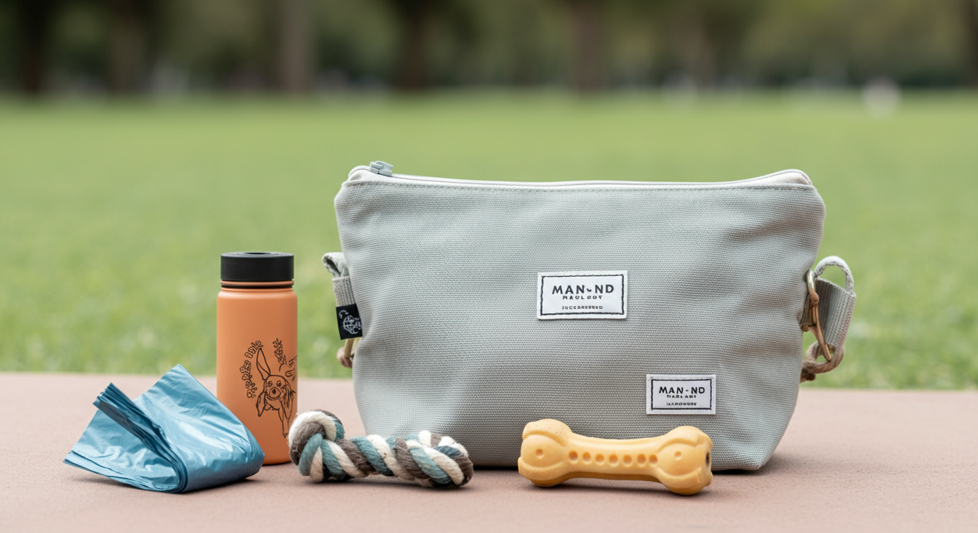 パステルカラーの背景に置かれた、おしゃれなマナーポーチと犬用のおもちゃ、水筒