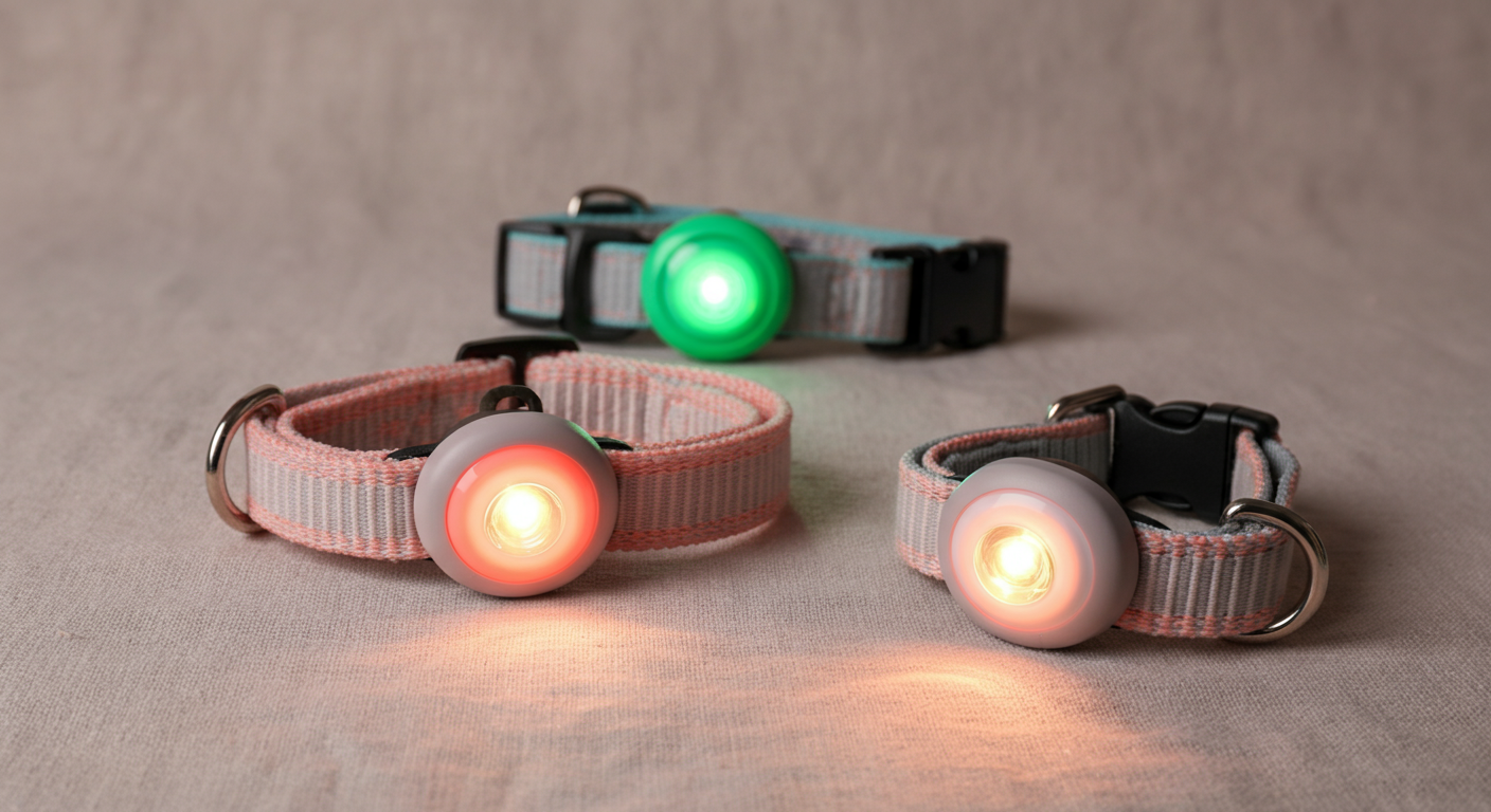 パステルカラーの背景に、クリップ式、首輪一体型、ペンダント型の3種類の犬用ライトが並べられている。