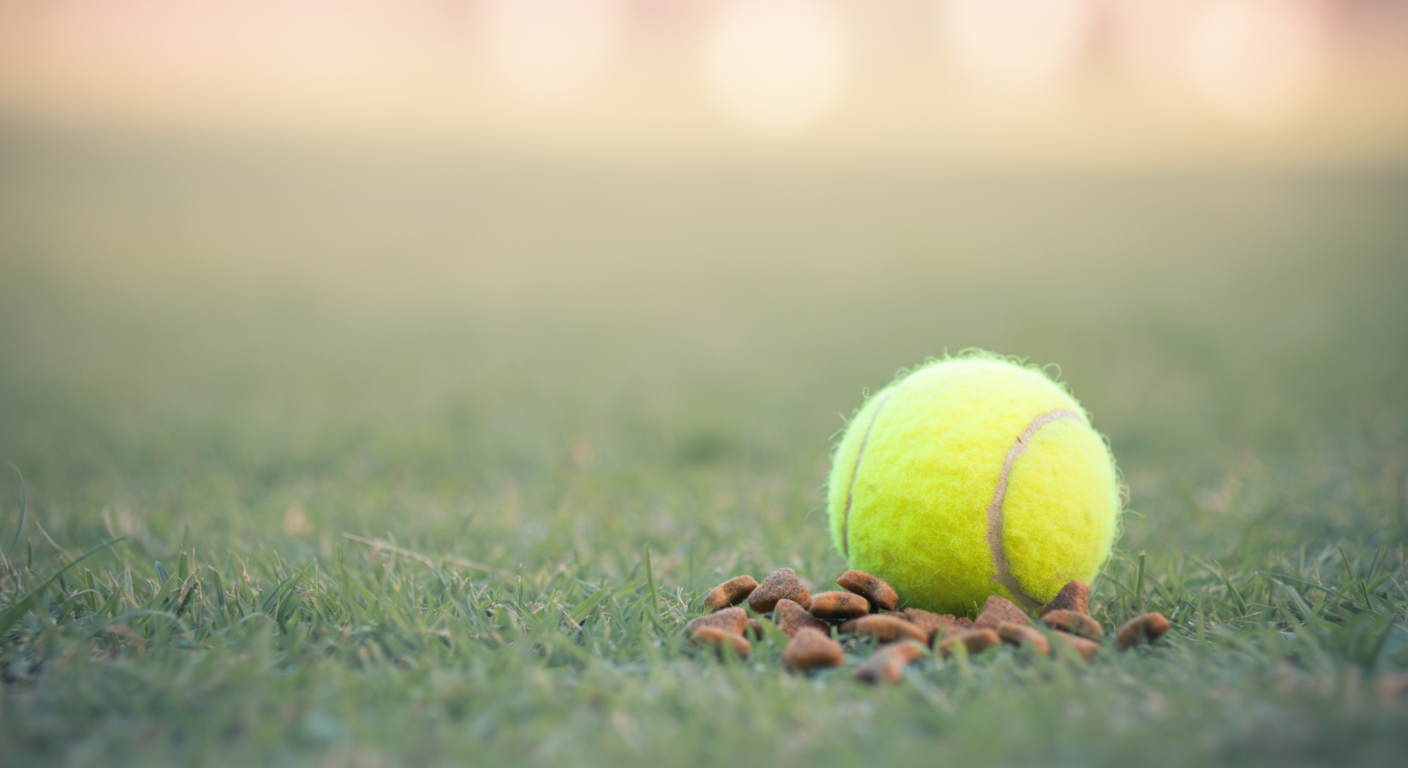 朝日が差す公園の芝生の上に置かれたテニスボールと高タンパク質ドッグフードの粒。ドッグラン前の準備をイメージした写真。