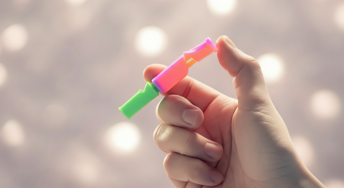 人の指に挟まれた、明るい色の犬笛のクローズアップ写真。