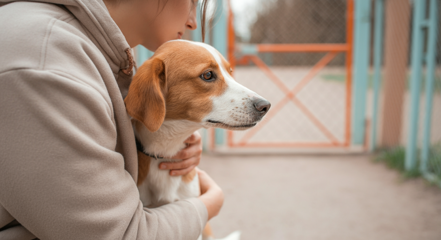 ドッグランの出口の前で、飼い主に優しく抱きしめられている満足げな表情の一匹の犬。