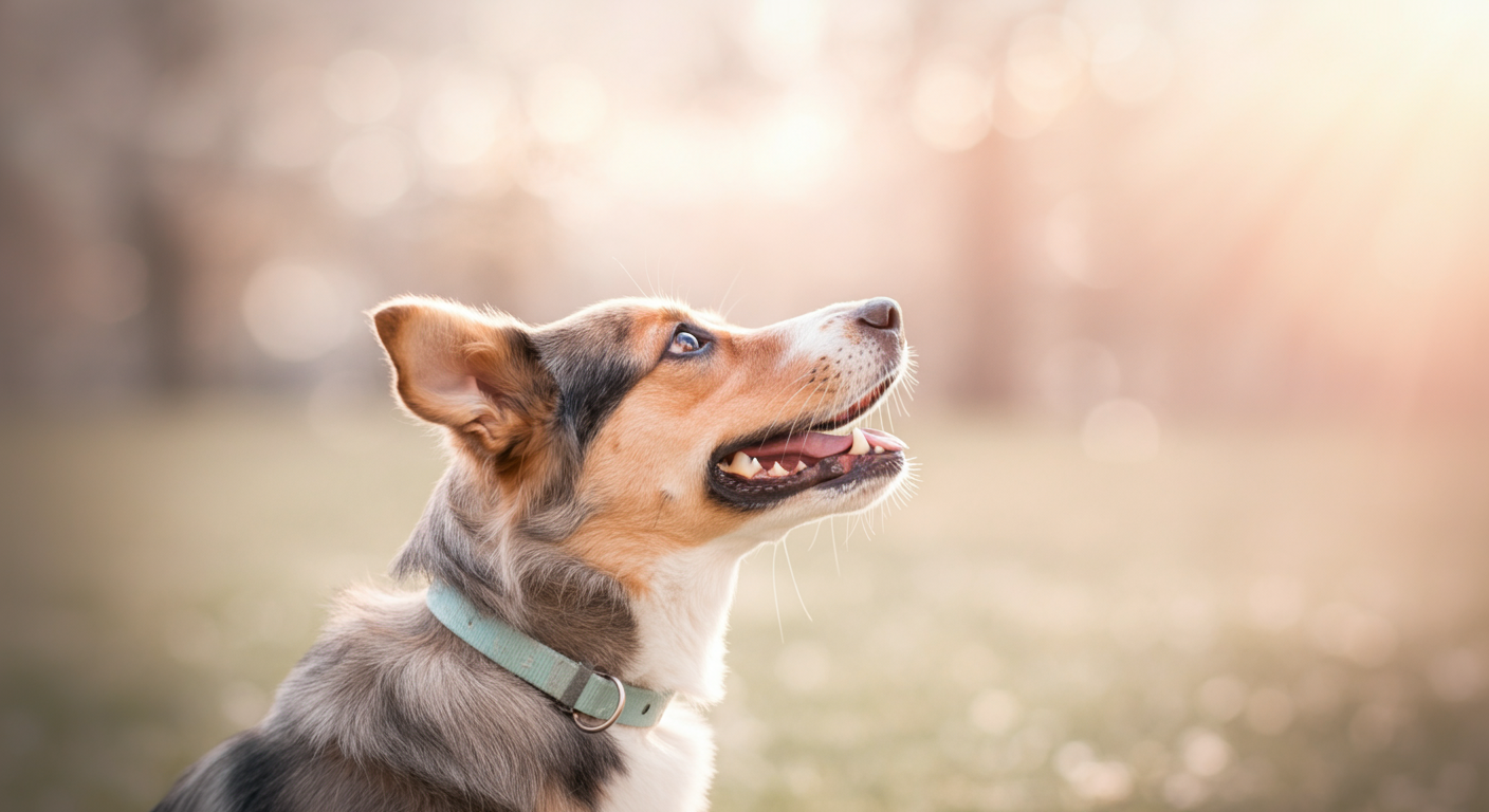 呼び戻された犬が、太陽の光を浴びながら飼い主を嬉しそうに見上げている、愛情あふれる写真。