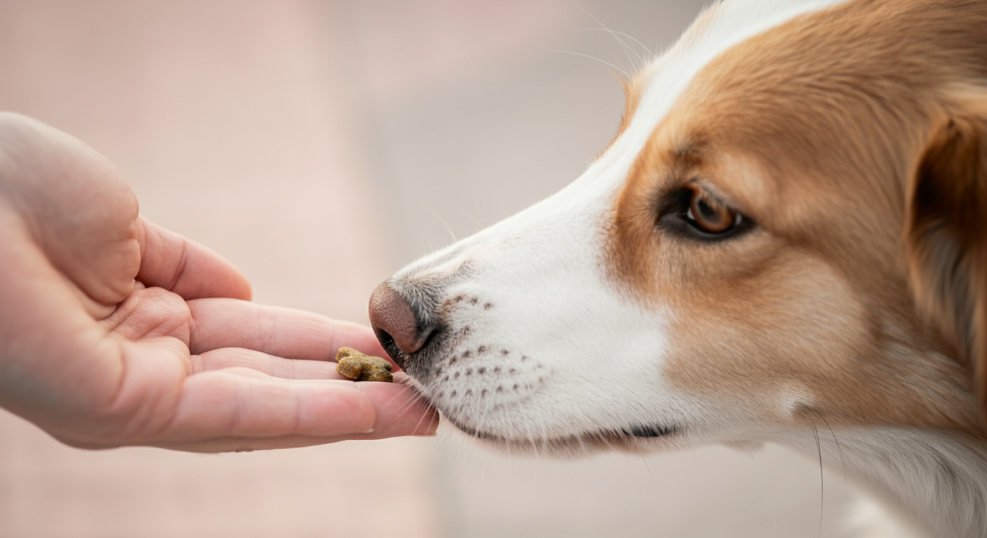 飼い主の手のひらに乗せられたおやつを、犬が優しく嗅いでいる様子のクローズアップ写真。