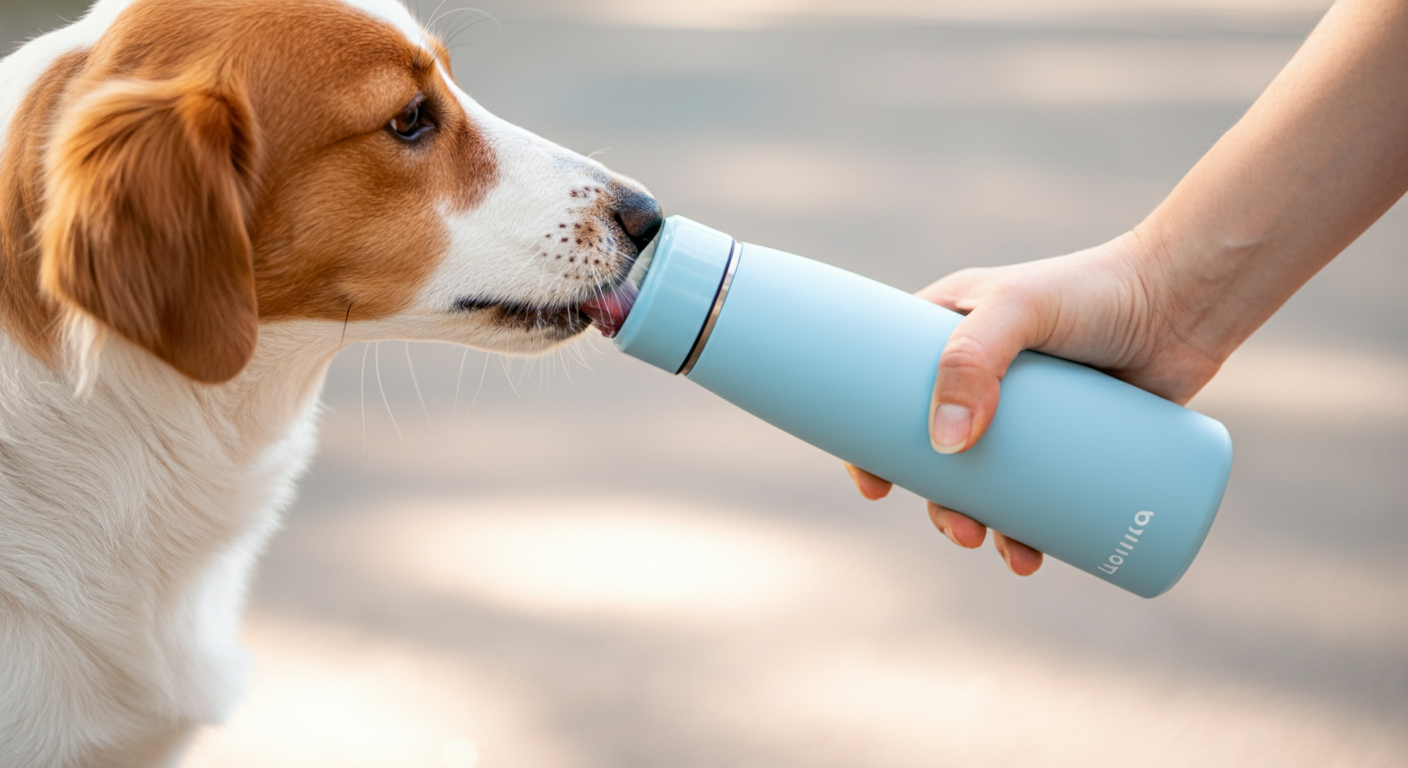 飼い主が持つ給水ボトルから犬が水を飲んでいる手元の写真
