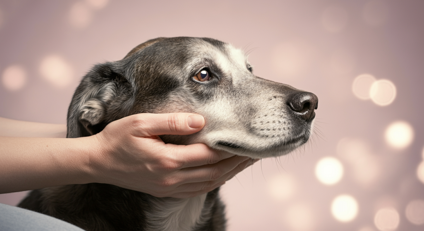 シニア犬の顔を優しく包み込む、人の両手。