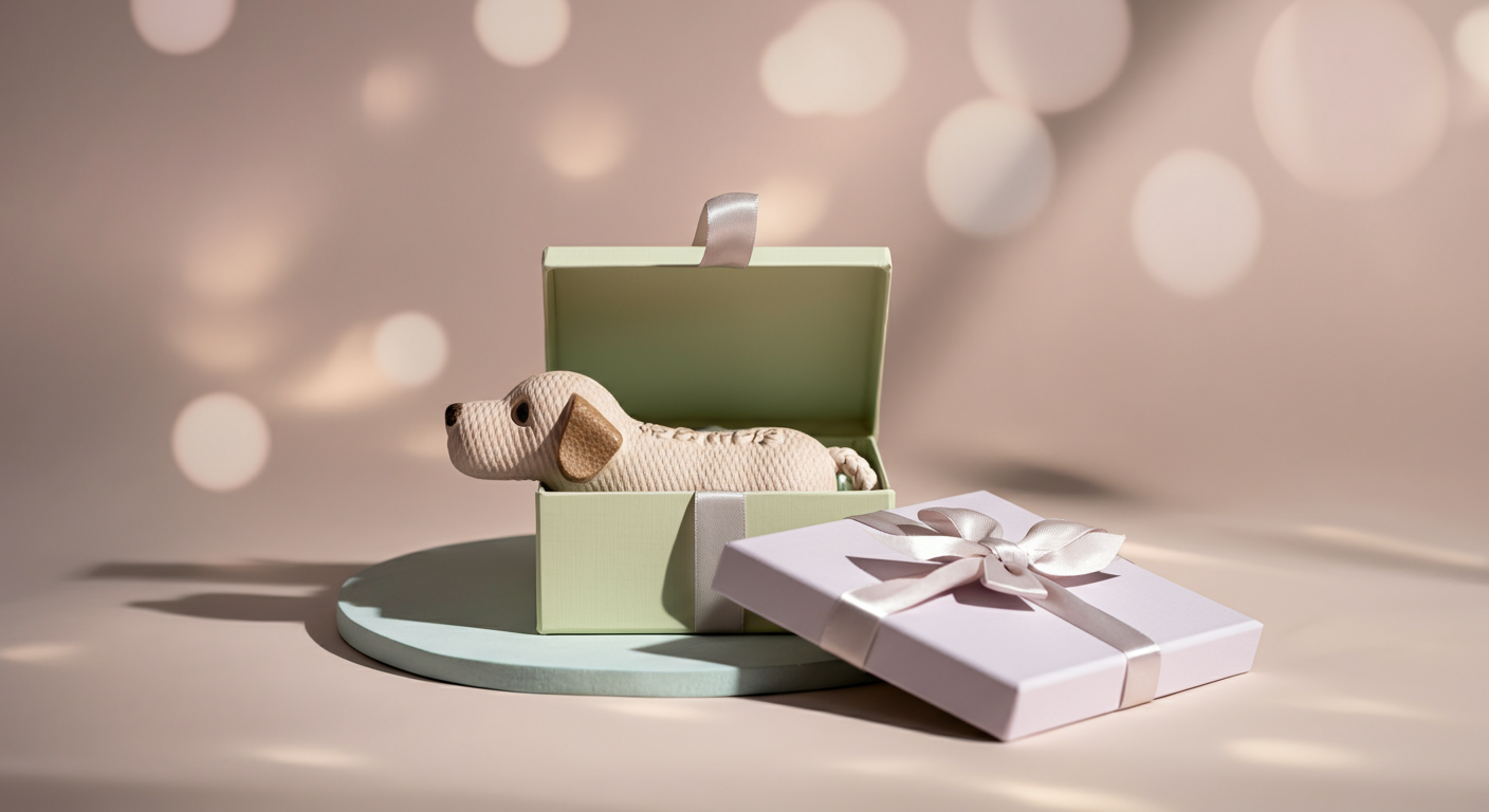 パステルカラーのギフトボックスの中に、犬用の特別なおもちゃが大切に置かれているミニマルな写真。ご褒美としての価値の高さを表現している。