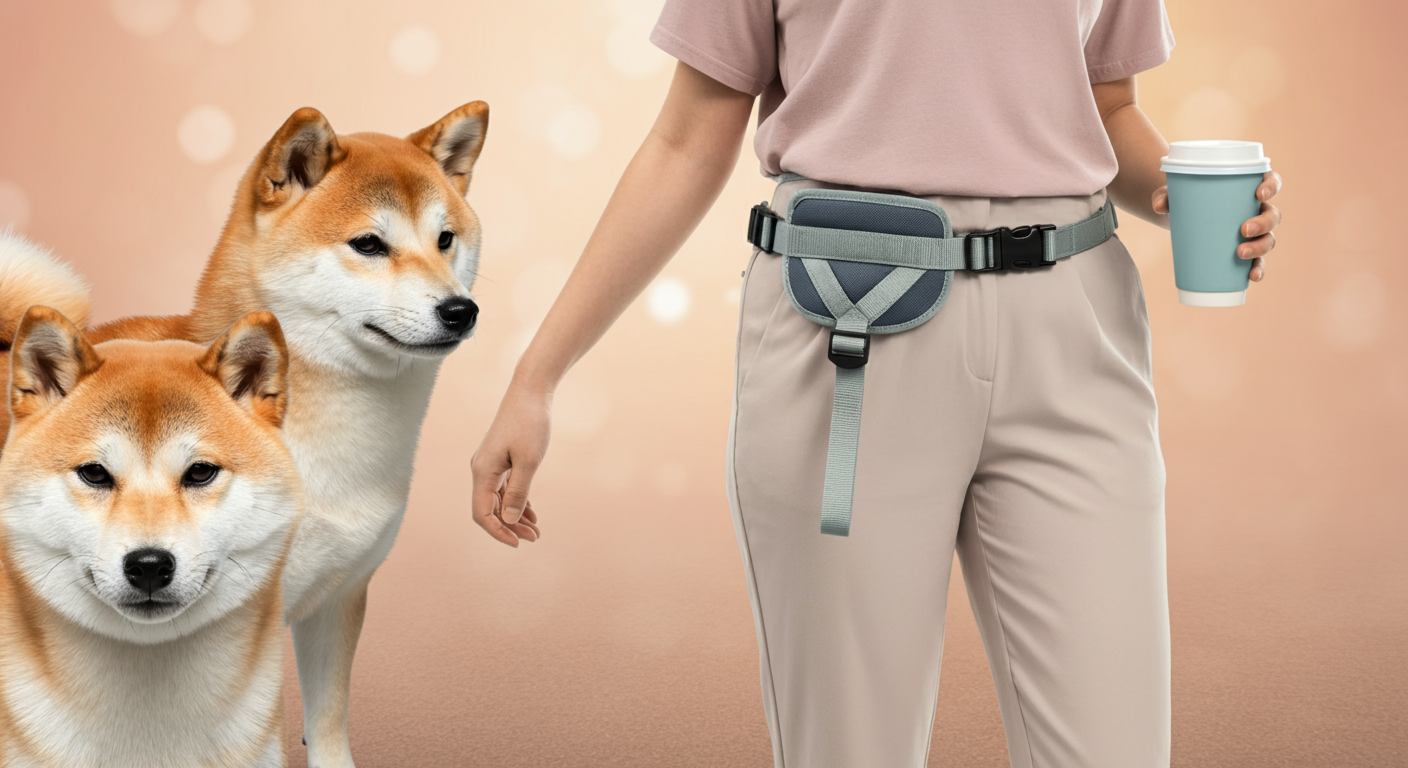ハンズフリーリードを腰に巻き、片手でコーヒーカップを持っている人の写真。隣には柴犬が座っている。