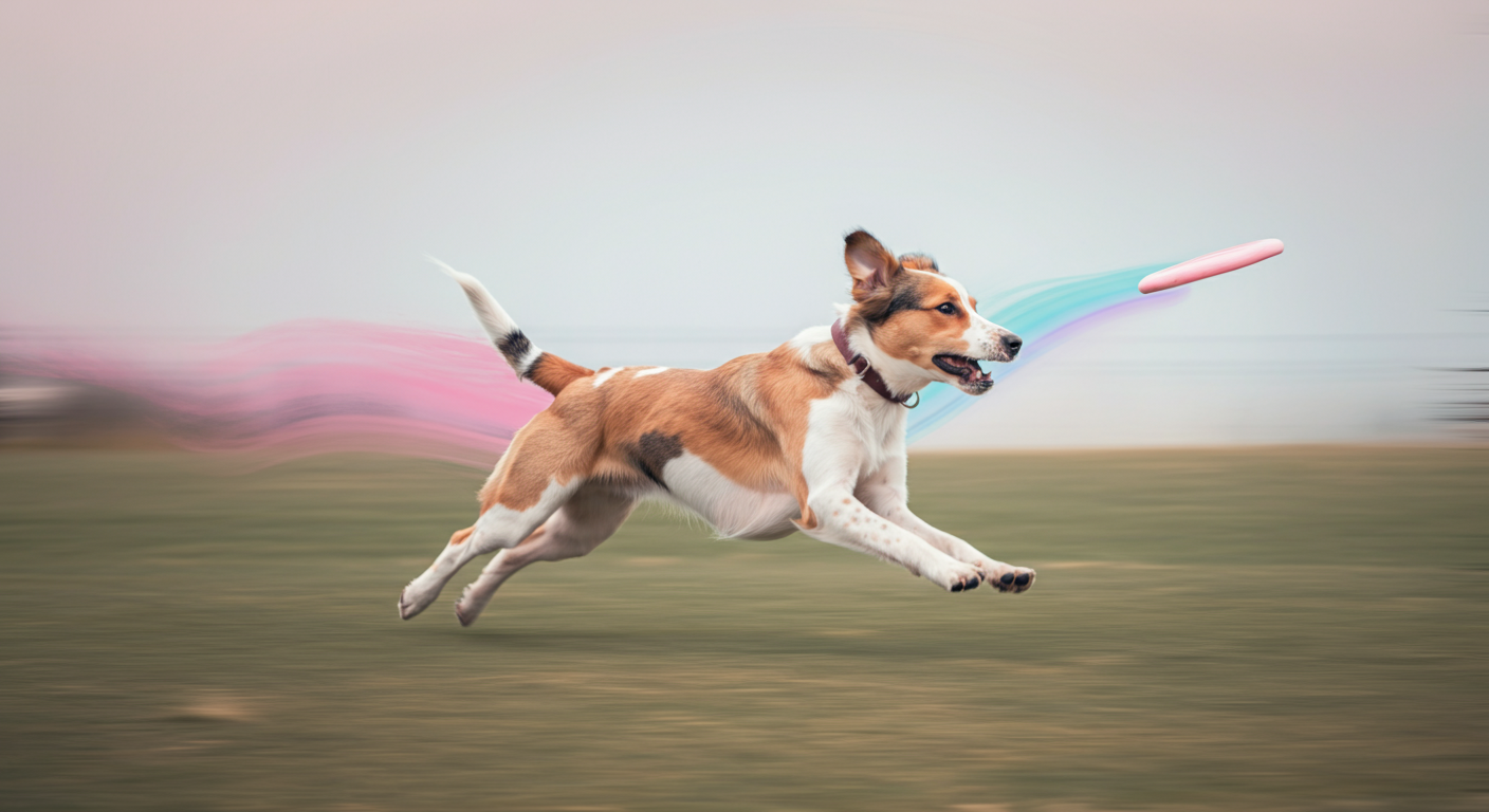 野原を走る犬の動きをモーションブラーで捉えた抽象的な写真。空中にはフリスビーの色の軌跡が見える。