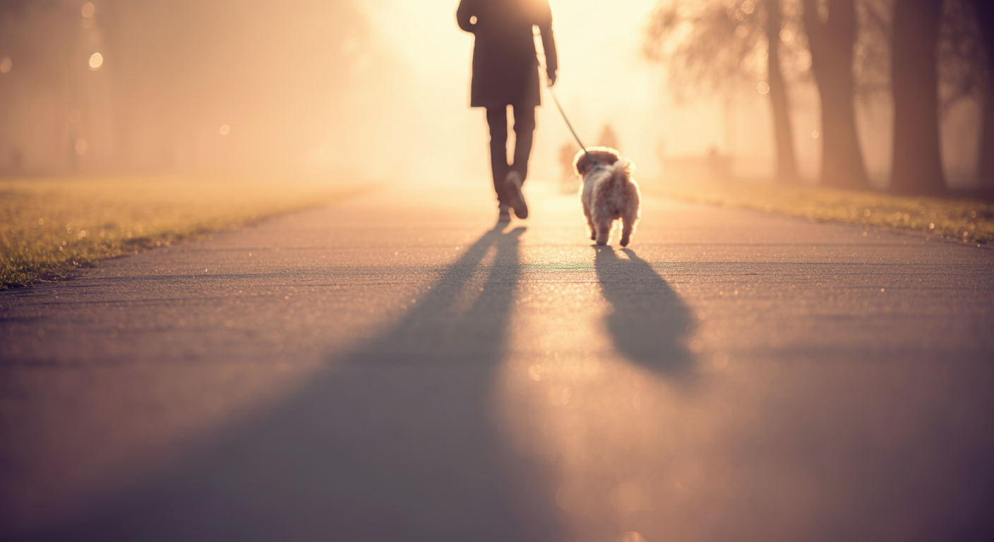 朝日が差し込む公園で、犬と一緒に散歩する人のシルエットと長く伸びる影。