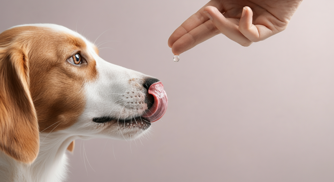 人の指先から落ちる水滴を犬が舌で受け止めようとする瞬間のクローズアップ。