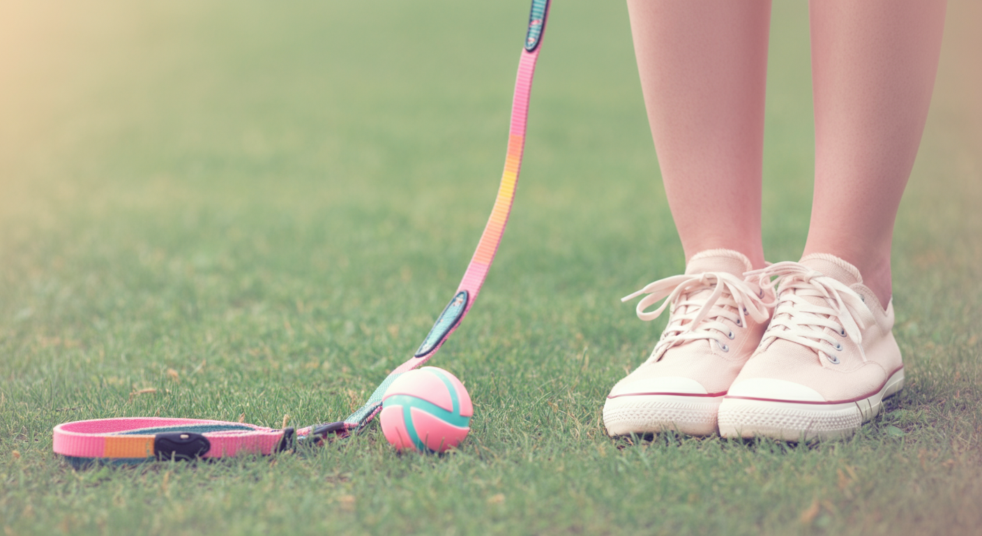 ドッグランの芝生の上に置かれたパステルカラーのボールとリード。飼い主の足元が写っている。