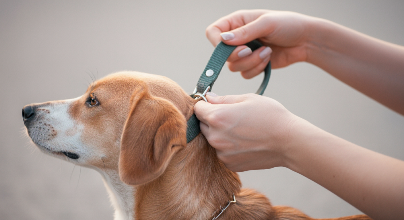 人の手が犬の首輪からリードの金具を外している瞬間のクローズアップ。