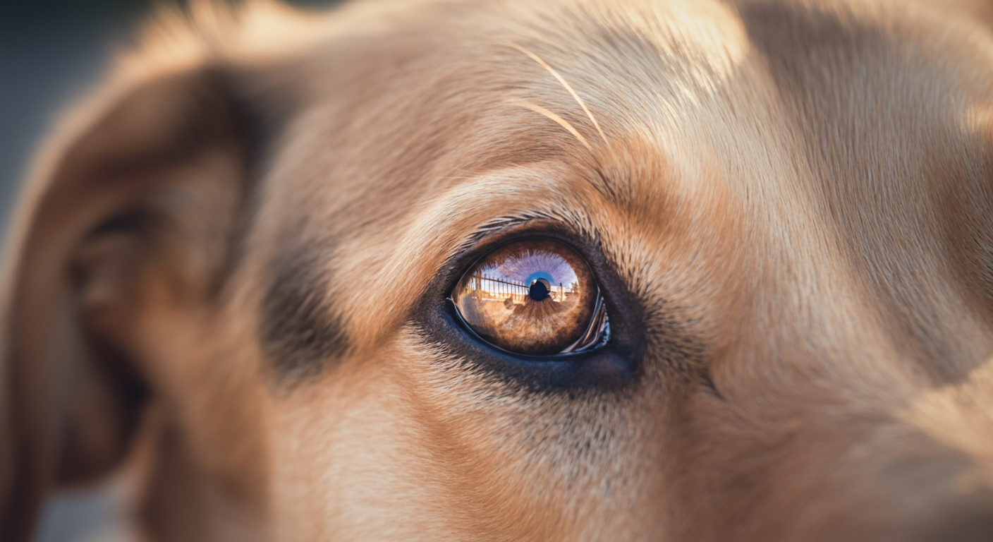 パステルカラーの背景の中、ドッグランのフェンスを静かに見つめる犬の瞳のクローズアップ。