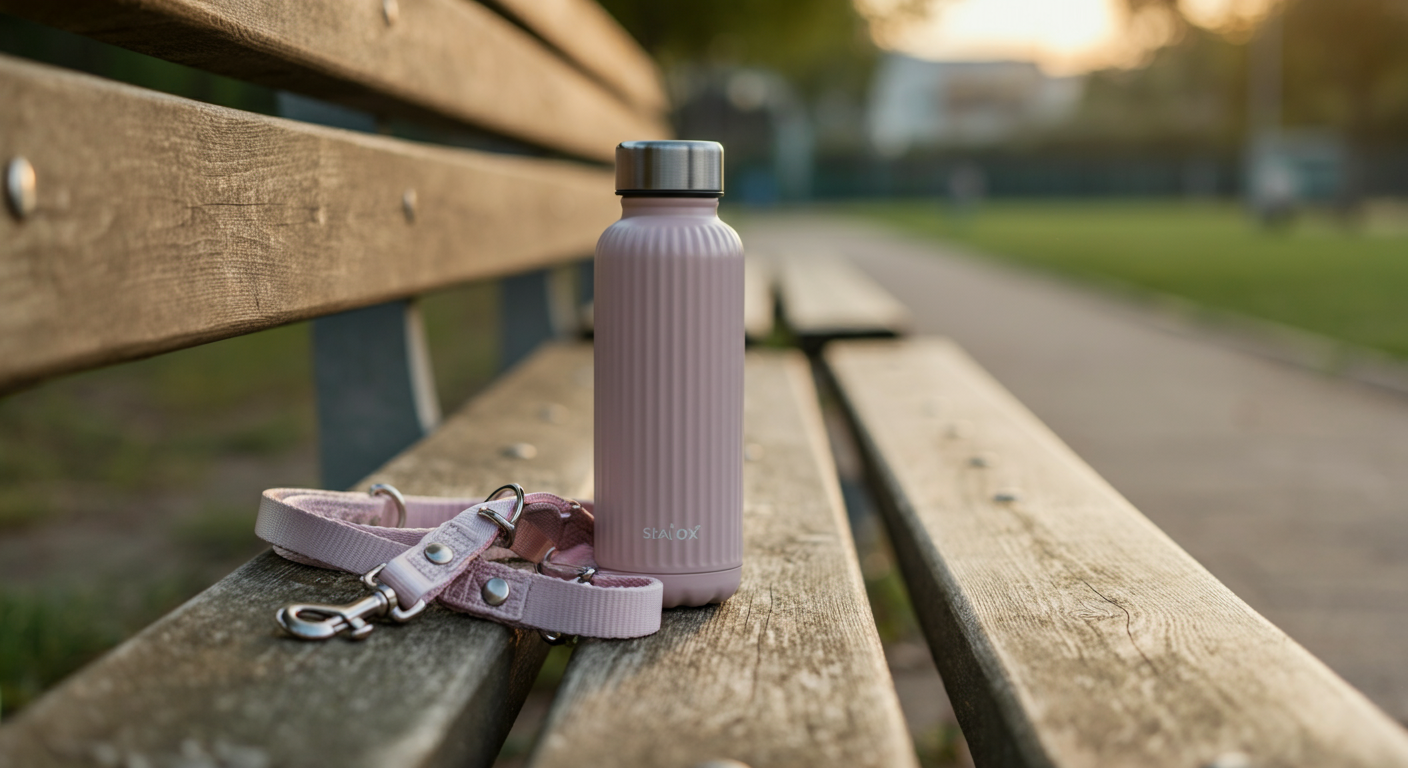 朝の光が差すドッグランのベンチと、その上に置かれた水筒とリード