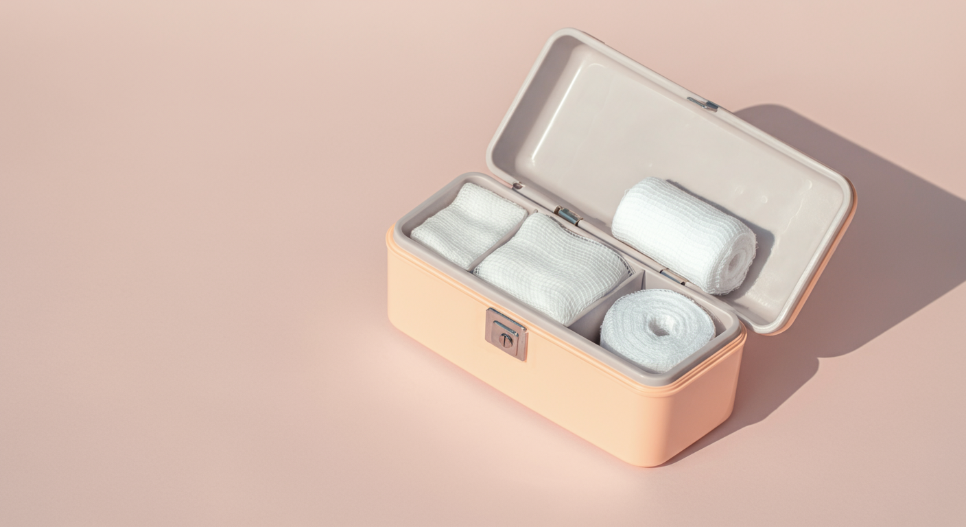 中から清潔なガーゼや包帯が少しだけ見える、ミニマルな救急箱。準備と安心感を象徴している。