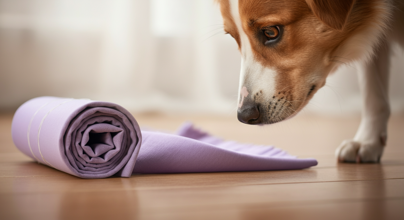 木の床に置かれたラベンダー色のマナーウェアを、犬が興味深そうに匂いを嗅いでいる。