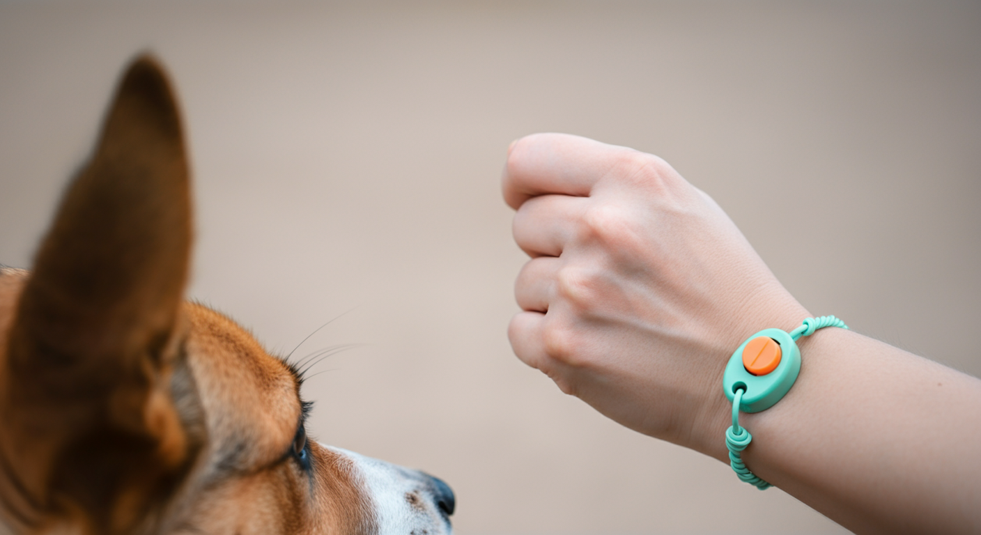 トレーニングクリッカーをつけた飼い主の手が、犬の注意を引くために指を鳴らしている。