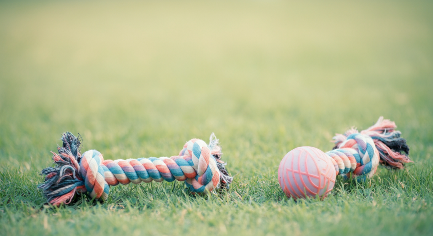 ドッグランの芝生の上に、柔らかい光の中で置かれた2つの異なるおもちゃ。