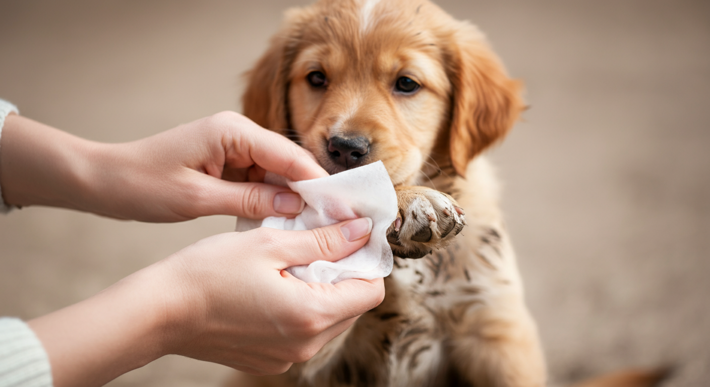 パステルカラーの背景で、飼い主が犬の泥だらけの足を厚手のウェットティッシュで優しく拭いている手元のクローズアップ。