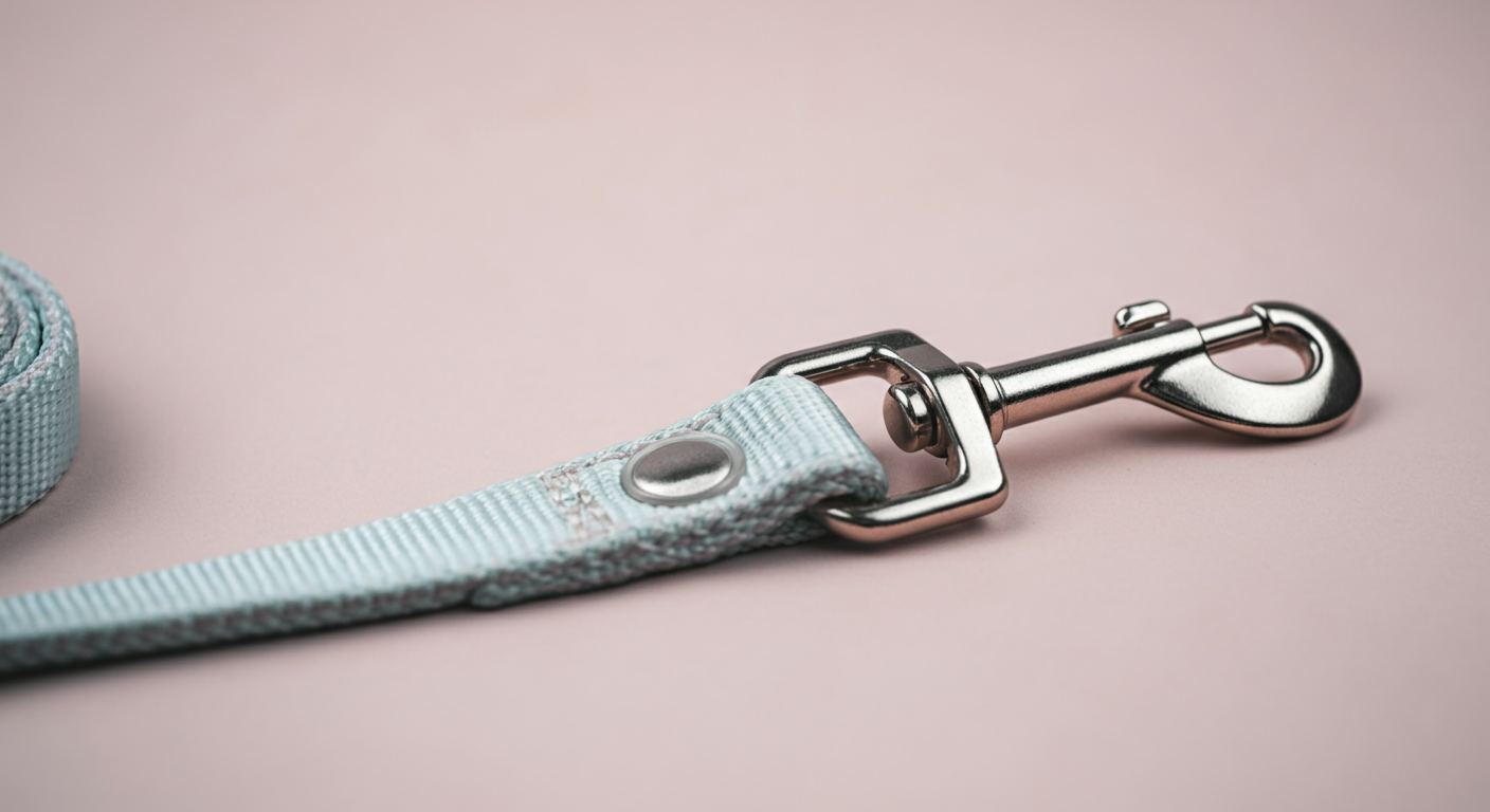 パステルカラーのシンプルな犬用リードの金具部分の美しいマクロ写真。
