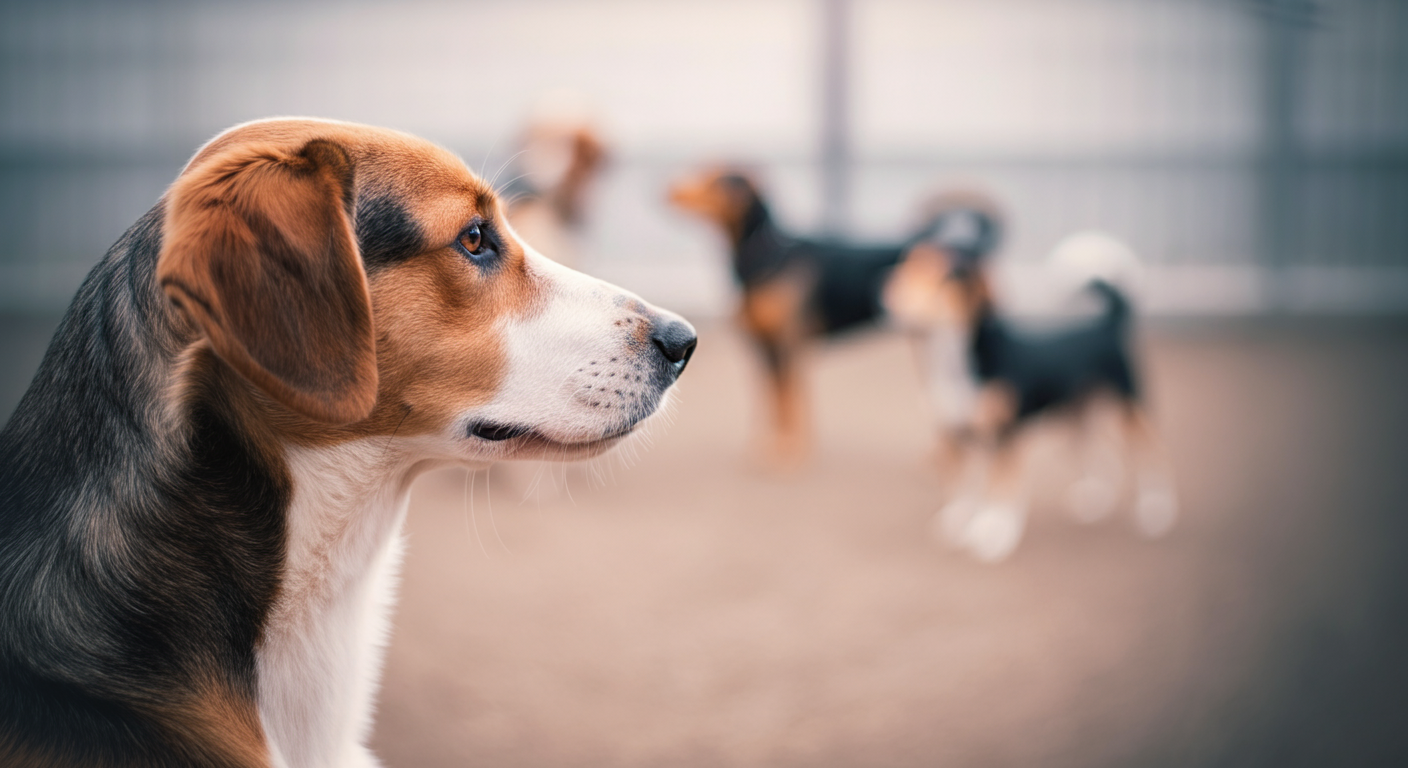 ドッグランのフェンス越しに、遠くで遊ぶ犬たちを静かに見つめる犬の横顔。