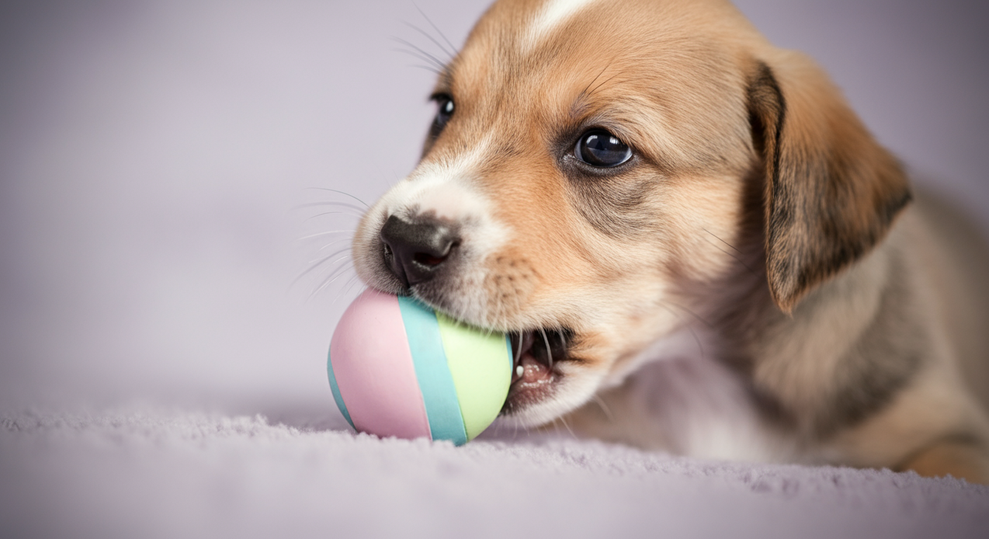 小さなパステルカラーのボールを優しく口にくわえている子犬の口元のクローズアップ。