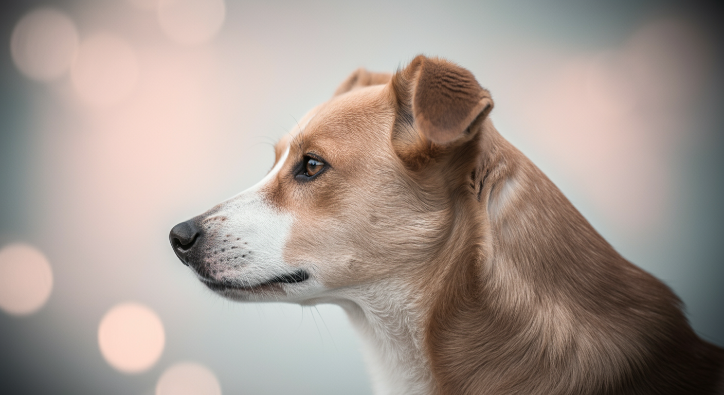 少しだけ顔を背け、耳を後ろに引いている犬のボディランゲージを捉えた、抽象的なクローズアップ写真。