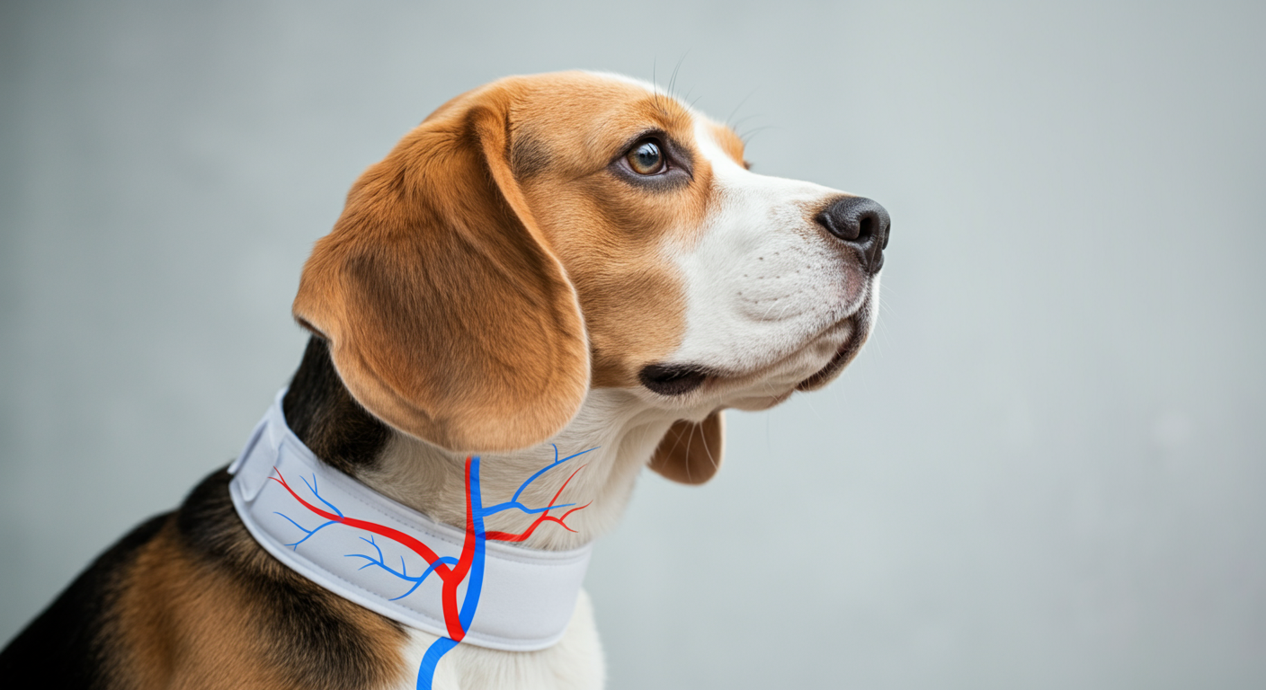 ビーグルの首元に、動脈と静脈を示す線が重ねられたイラスト風の写真。科学的な根拠をイメージさせる。