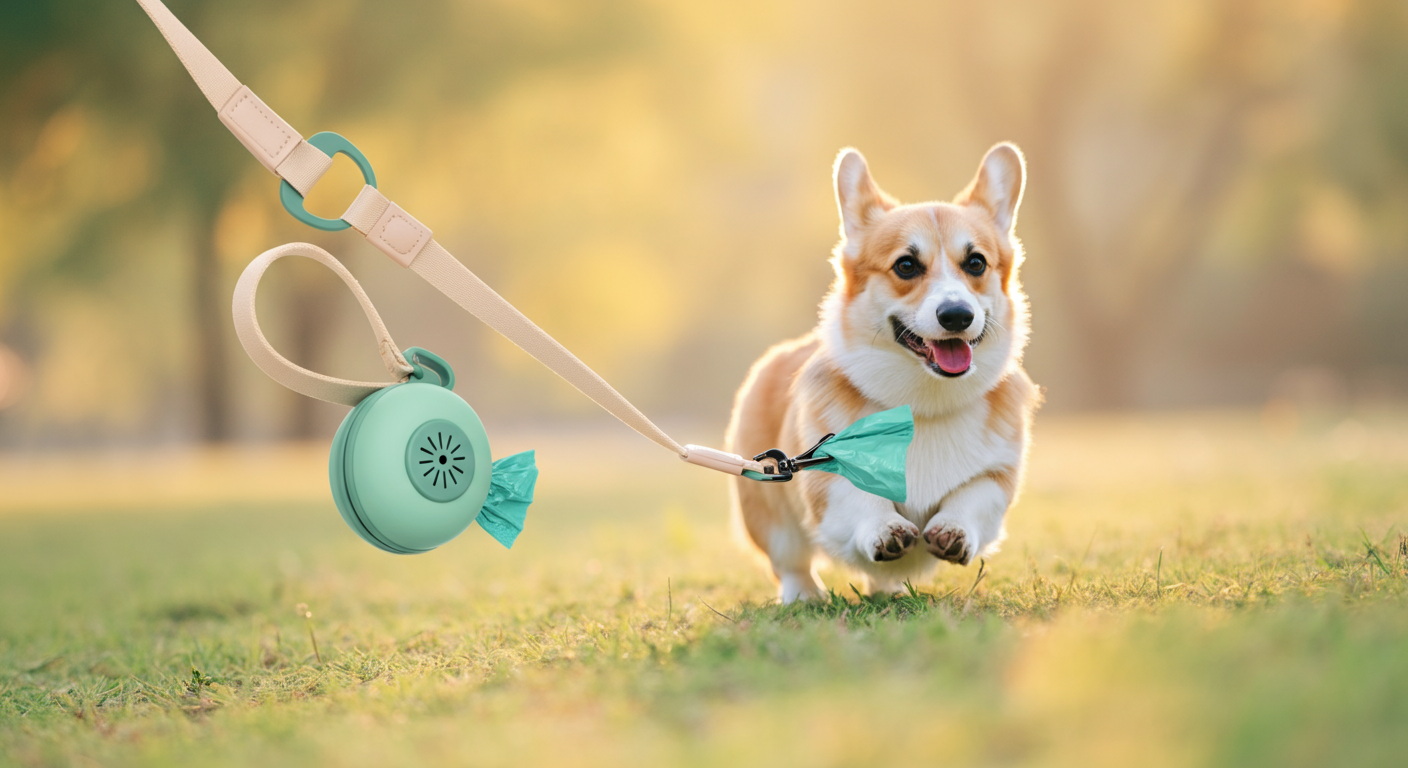 リードに取り付けられたおしゃれなうんち袋ディスペンサーのクローズアップ写真。背景にはドッグランで遊ぶ犬がぼやけて写っている。