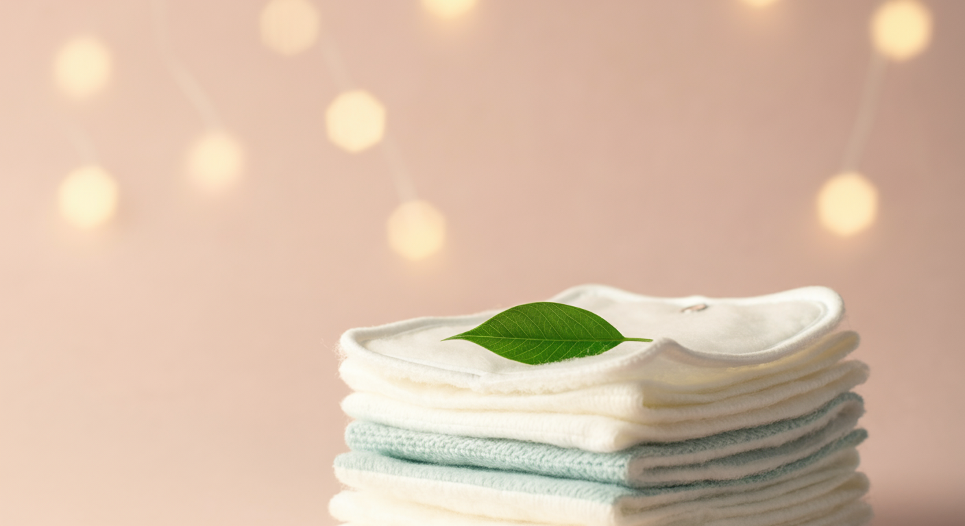 手作りウェットティッシュの束の上に、一枚の瑞々しい緑の葉が置かれている。ナチュラルでエコなイメージを象徴する写真。