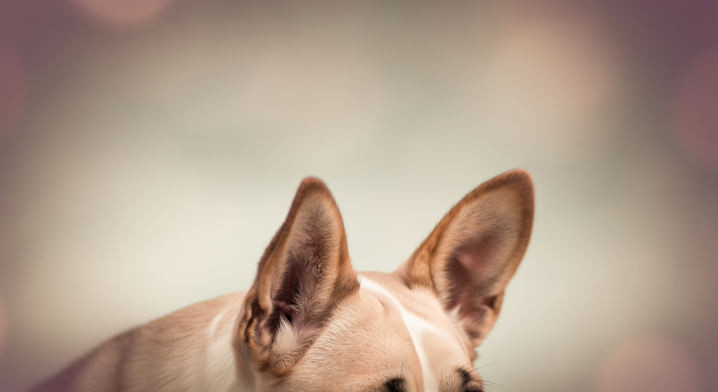 不安げに少し伏せられた犬の耳のクローズアップ写真。
