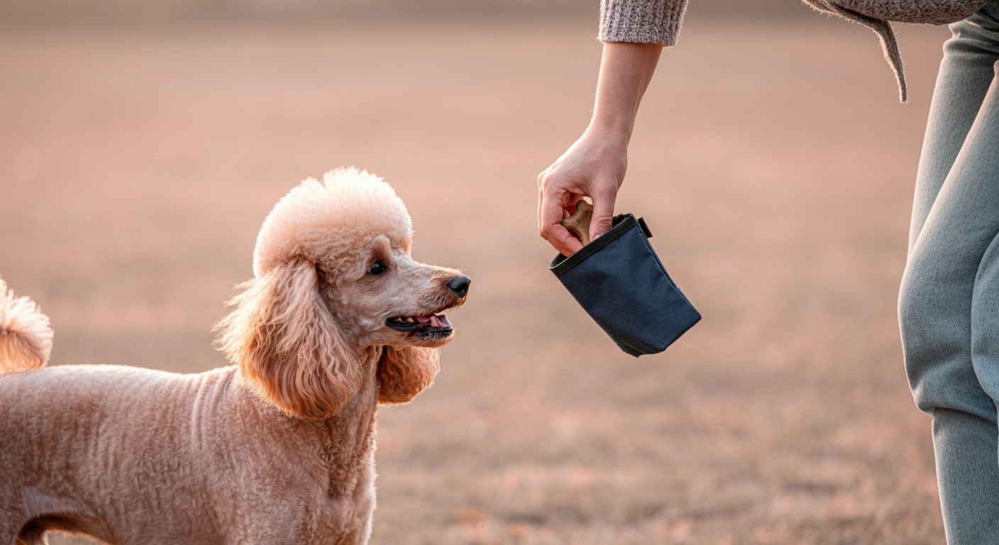 自分の愛犬ともう一匹の犬の間にさりげなく立ち、トリーツポーチに手を入れて愛犬の気を引こうとしている飼い主の姿。