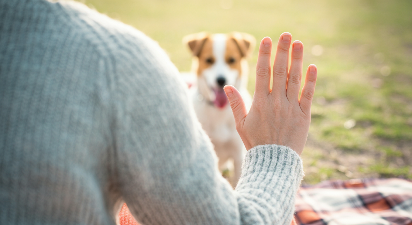 レジャーシートに座る飼い主が、遠くから近づいてくる犬に対して、優しく「ストップ」のハンドサインを送っている様子。
