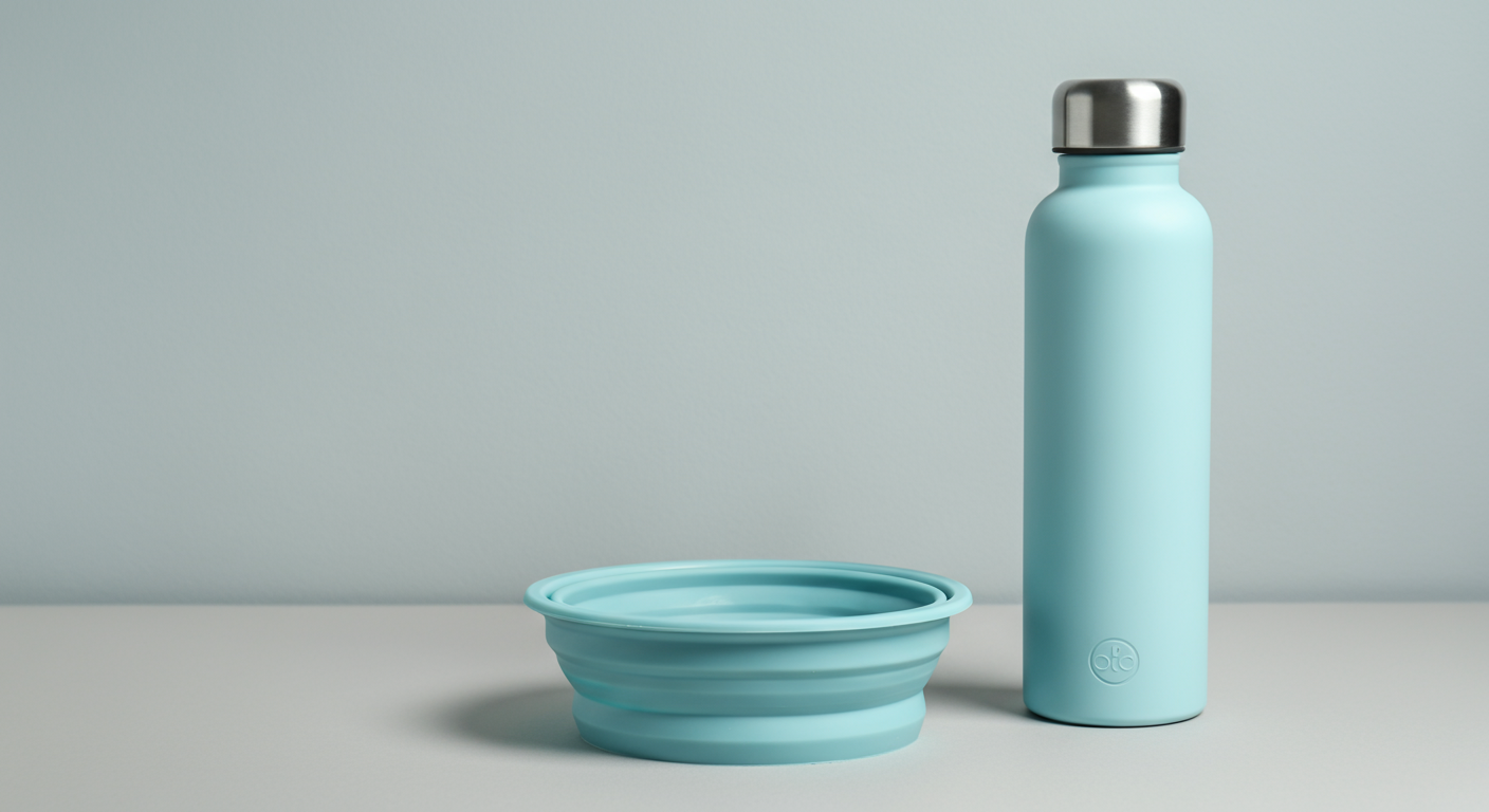 パステルカラーのおしゃれな犬用の水筒と折りたたみ式のボウル