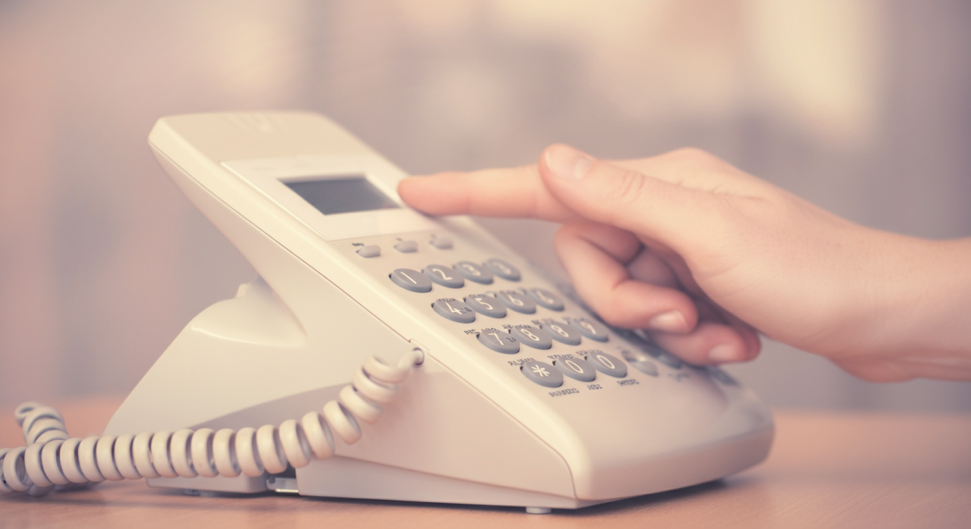 固定電話で緊急連絡をしている様子の手にピントが合った、緊迫感のあるミニマルな写真。