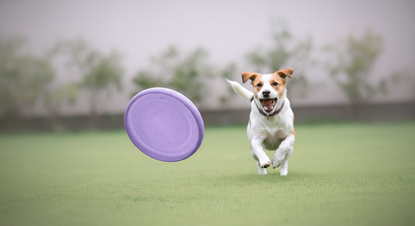 芝生の上を転がるラベンダー色のフリスビーを、犬が楽しそうに追いかけているローアングルからの写真。