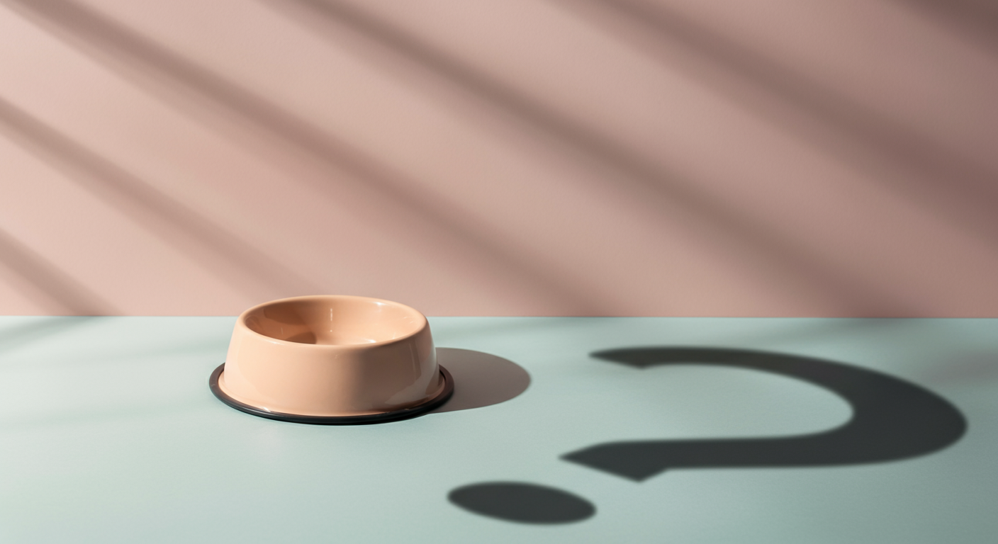 パステルカラーのミニマルな空間で、空のドッグフードボウルの横に、ハテナマークの形をした影が落ちている。